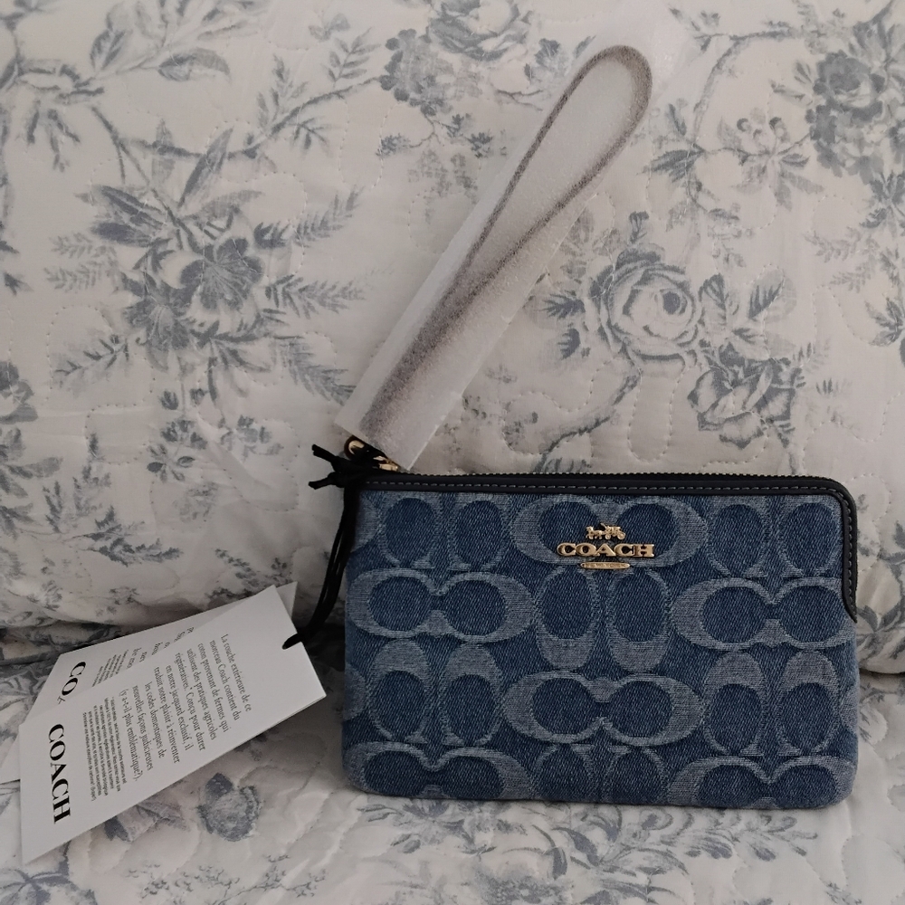COACH Corner Zip Wristlet In Denim.  NWT